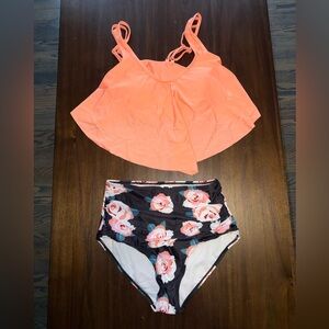 Coral Top with Floral High-Waist Bottoms Swimsuit - Size Small